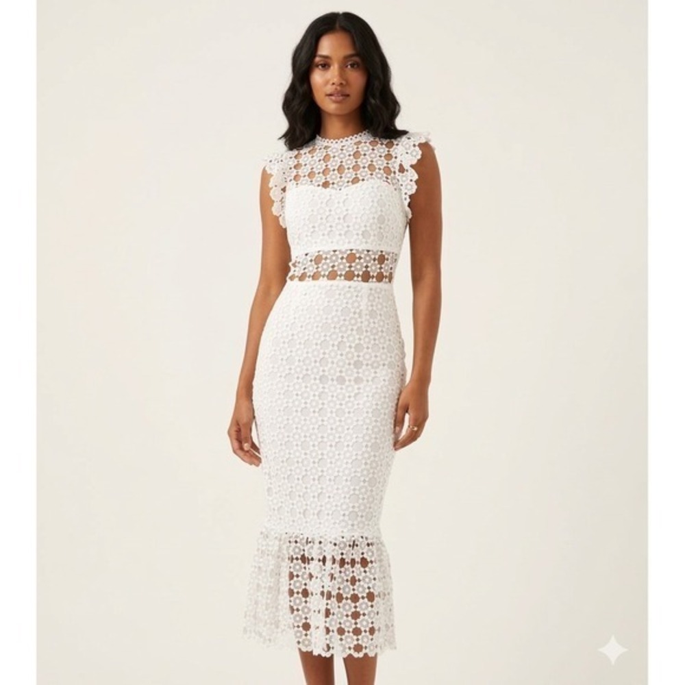Petal and Pup Lauren Overlay Lace High Neck Mermaid Midi Dress 
US 8